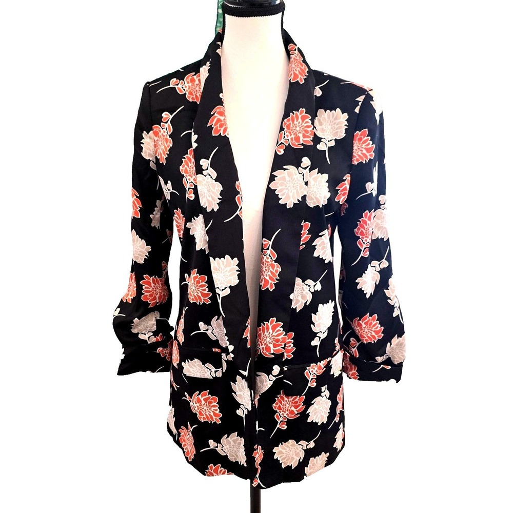 Calvin Klein Blazer Womens 6 Black‎ Floral Open Front Lined CK Shawl Collar
